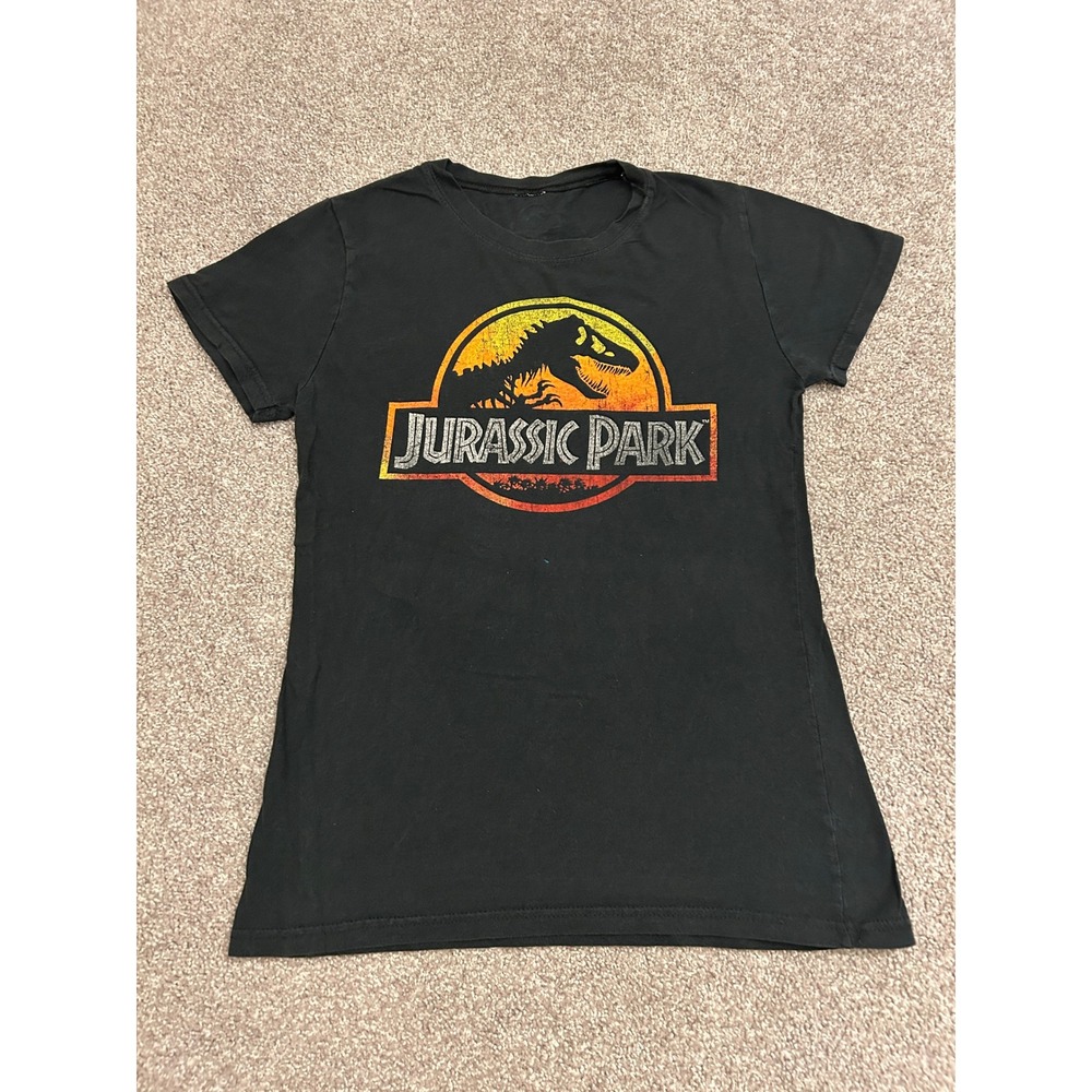 Jurassic Park Graphic T-Shirt Womens Small Black Distressed Logo Crew Neck Good